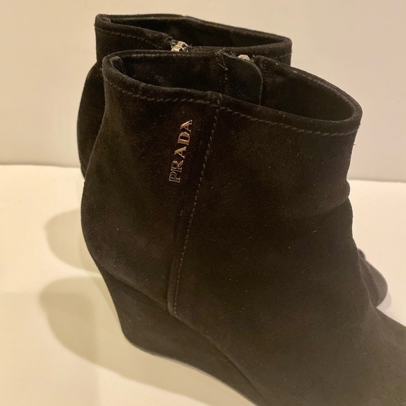 PRADA Black Suède Open Toe Wedge Booties - Picture 6 of 7